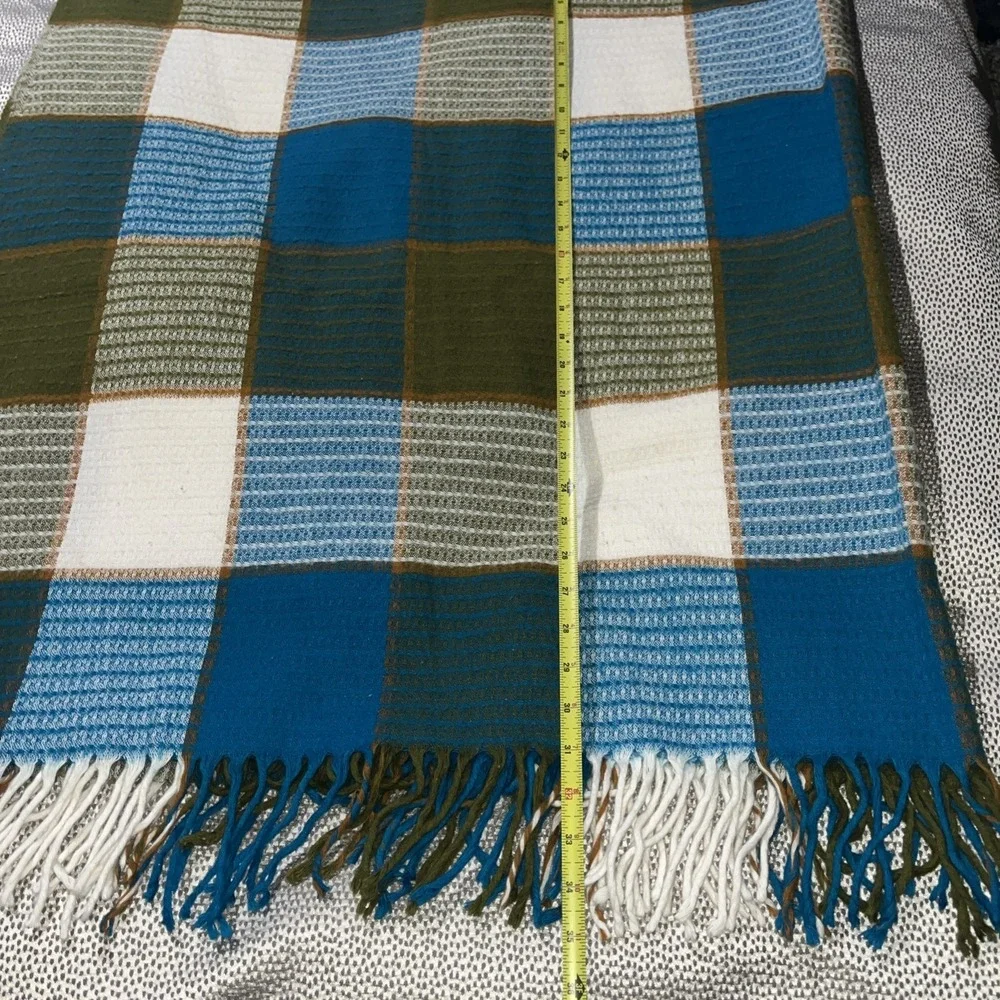 Vintage 1960's Troy Wool Blend Plaid Leisure Blanket Troy Mills Blue Green 70x54